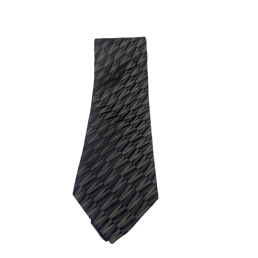 Joseph & Feiss Mens Silk Necktie Black Grey Gold Geometric‎ Striped RN 22356